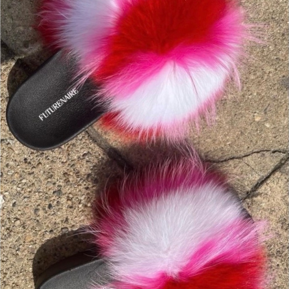 Fur Slide Sandals with Red, Pink, and White.